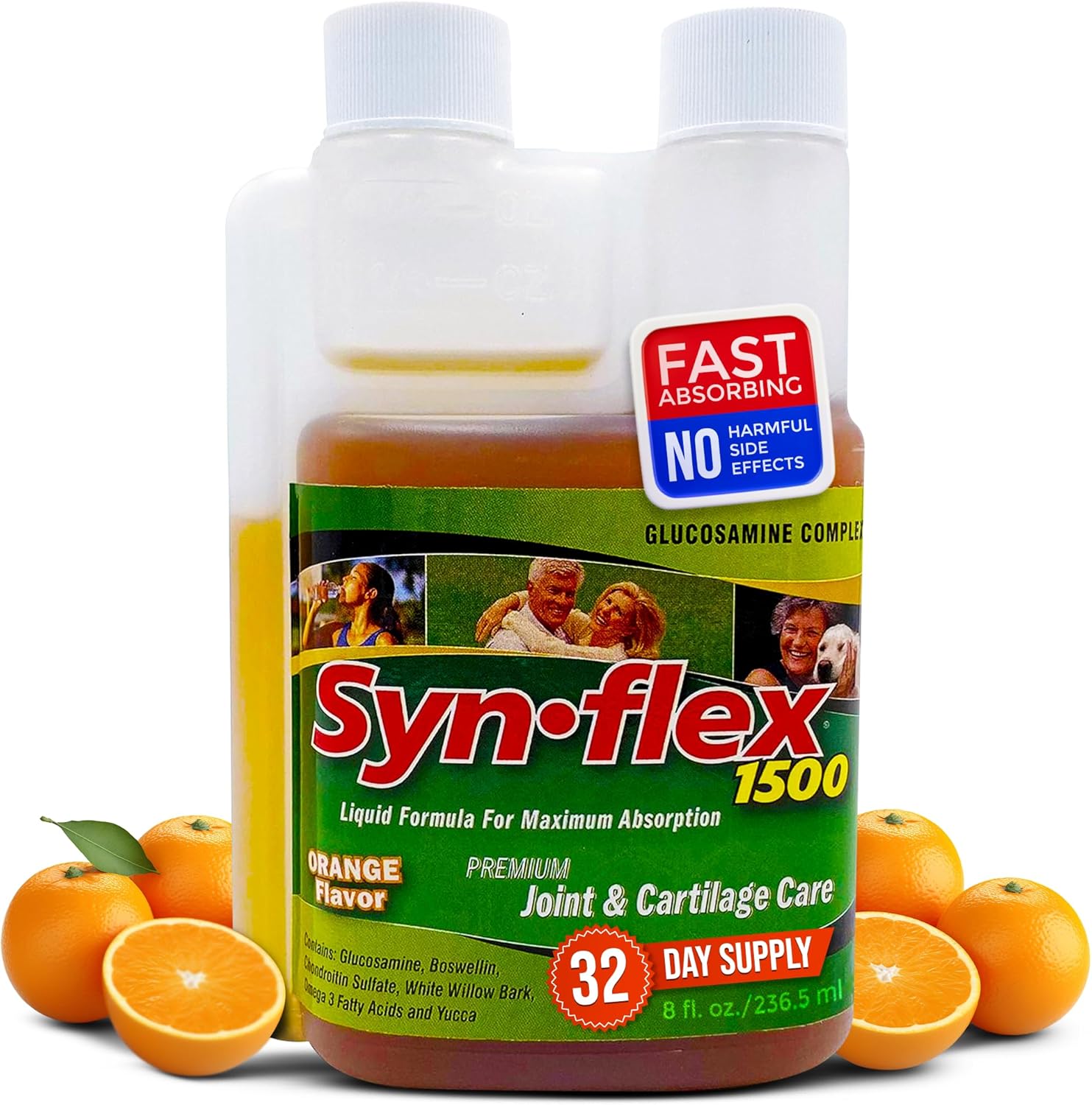 1500mg Liquid Glucosamine & Chondroitin - High Concentration Fast-Absorbing Formula Orange Flavor Helps Support Joint & Cartilage Health - with White Willow Bark, Manganese & Boswellin (32 Day Supply)