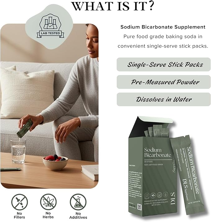 DLS Sodium Bicarbonate Supplement – Pure Organic Powder Sticks 3g Each, 30 Single-Serve Sachets – Vegan, Gluten Free, Non-GMO, Premium Dietary Supplement for Digestive Support & pH Balance, Fitness