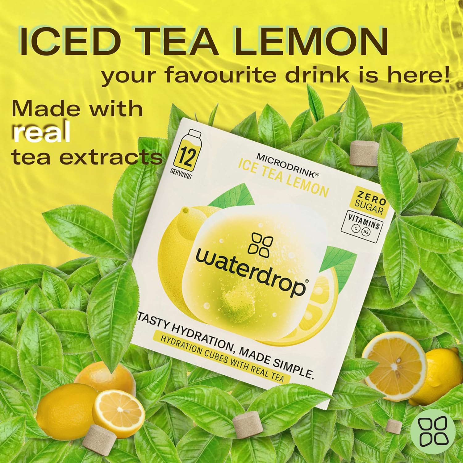 Waterdrop Hydration Cubes with Vitamin C, B Vitamins, and Electrolytes, Iced Tea Lemon Flavor, Flavored Water Enhancer Cubes for Still & Sparkling Water, Low Calorie, Sugar Free, Gluten Free, 24 Count