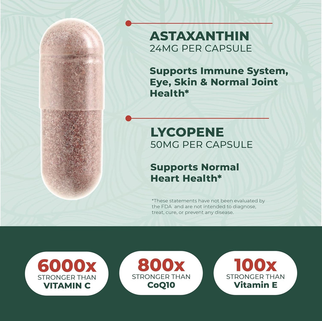 PurePremium Astaxanthin Supplements - Astaxanthin 24mg with Lycopene 50mg Antioxidants Supplement for Skin & Eye Health, Normal Joint Support & Immune System Support – Non-GMO - 60 Count