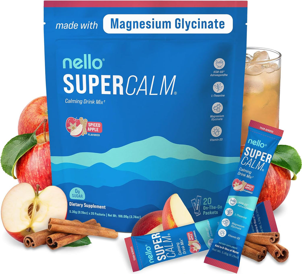 Supercalm Drink Mix – Ashwagandha KSM-66, Magnesium Glycinate, L-Theanine & Vitamin D3 Supplement, Spiced Apple Flavor (20 Travel Packets)