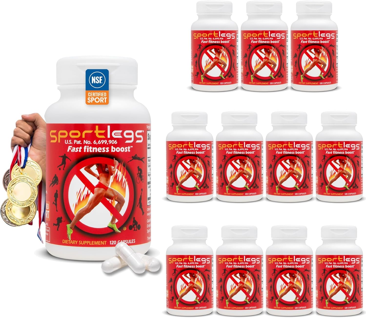 SPORTLEGS Fast Fitness Boost Pre Workout for Men and Women, Lactic Acid Supplement, Sports Endurance Fuel, Endurance Supplements for Runners - NSF Certified for Sport,120-Capsule Bottle, Pack of 12