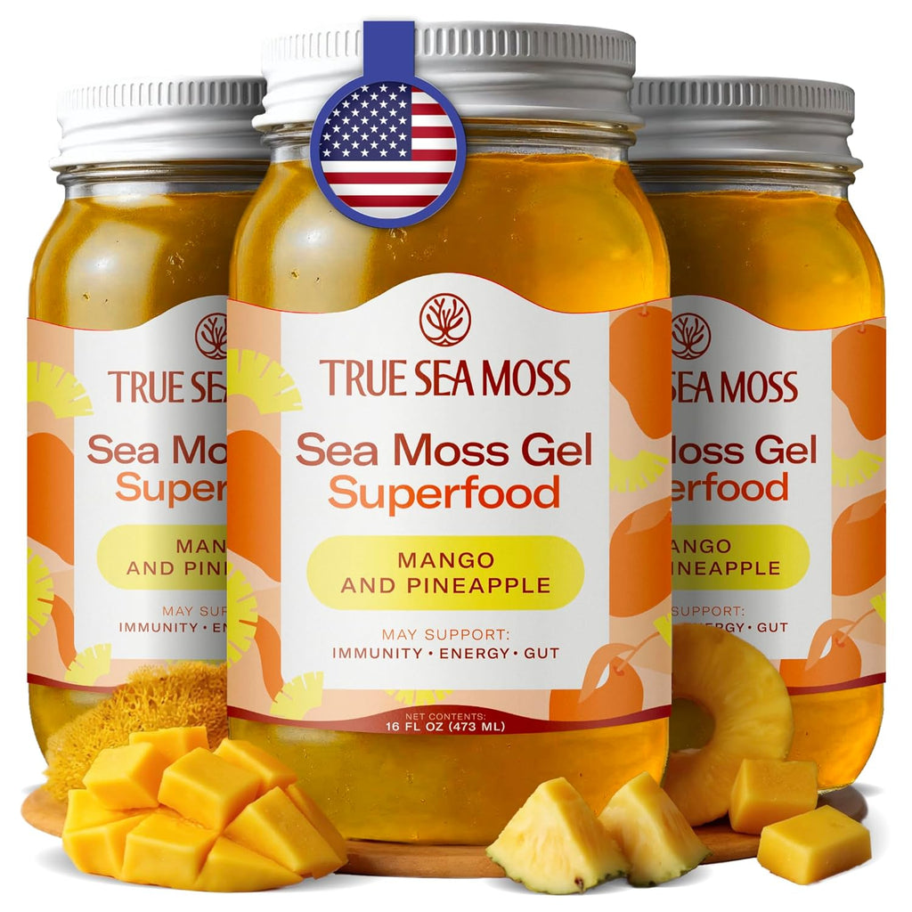 TrueSeaMoss Sea Moss Gel – Made in USA – Wildcrafted Seamoss, Fresh Fruits & Sea Vegetables – Mango/Pineapple, Pack of 3 (Labels may Vary)