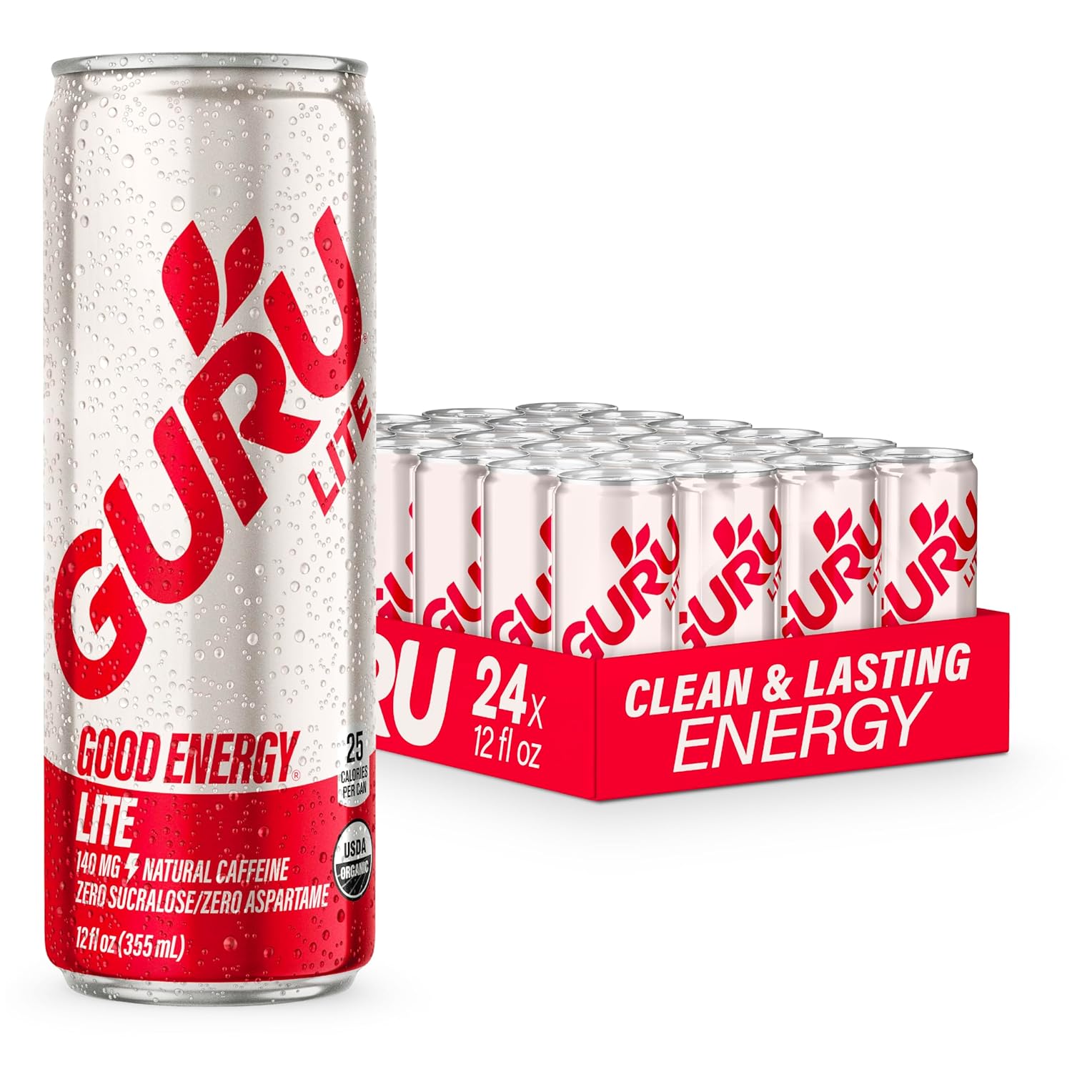 GURU Lite Organic Energy Drinks, Clean Energy Drink with Plant Based Natural Caffeine from Green Tea, Low Calorie, Gluten Free and Vegan, 140MG Caffeine, Healthy Drinks, 12oz (Pack of 24)