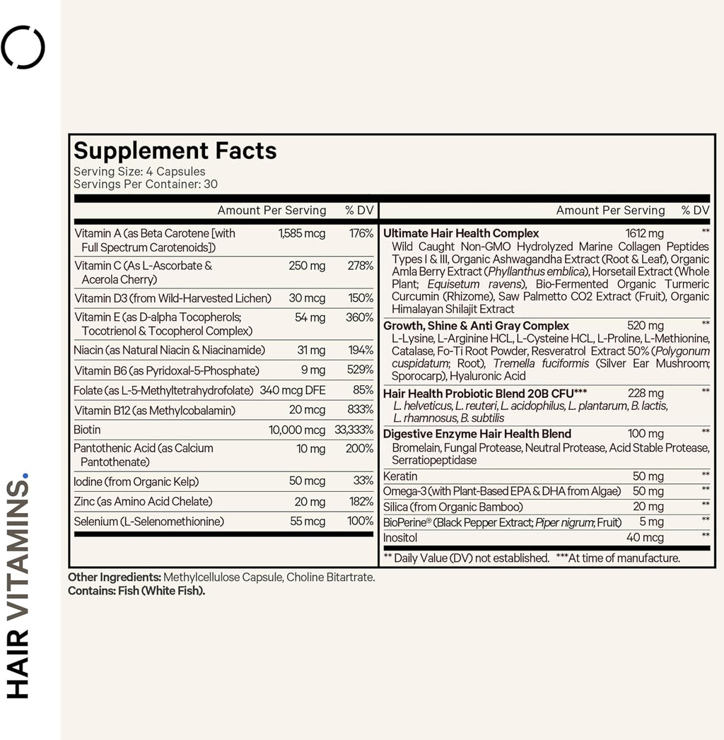 Codeage Hair Vitamins 10000 mcg Biotin, Keratin, Collagen, Vitamin A, B12, C, D3, E, Zinc, Turmeric, Probiotics, Enzymes, Inositol - Hair Care Support - Healthy Hair Supplement Pills - 120 Capsules