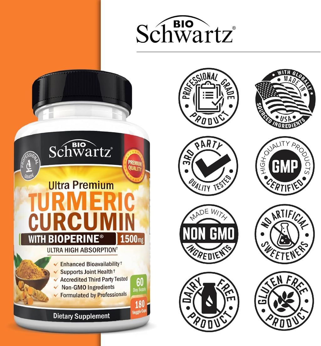 Turmeric Curcumin with Black Pepper Extract 1500mg - High Absorption Ultra Potent Turmeric Supplement with 95% Curcuminoids and BioPerine - Non GMO Tumeric Capsules for Joint Support - 180 Capsules