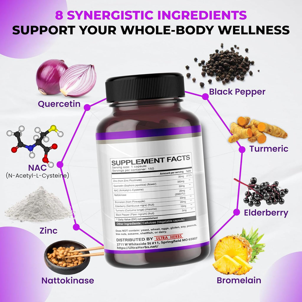 Quercetin Supplement with Bromelain, Vitamin C and Zinc, Nattokinase, NAC, Elderberry, Elderberry | 8 in 1 Ultra Antioxidant Complex for Immune Health | 150 Capsules