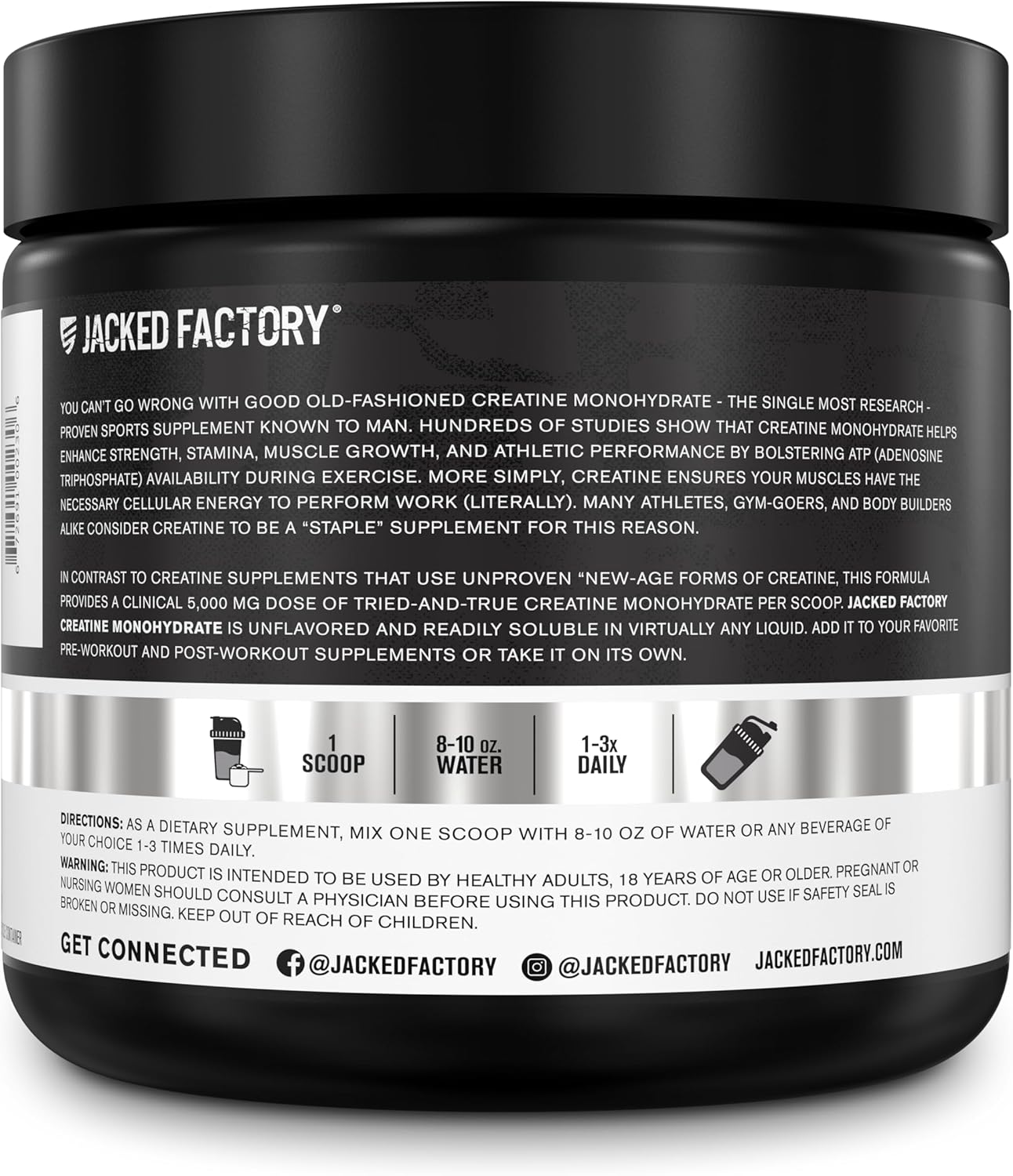 Jacked Factory Creatine Monohydrate Powder 150g - 5g Daily Creatine Supplement for Men and Women, Vegan-Friendly, Third-Party Tested - 30 Servings, Unflavored