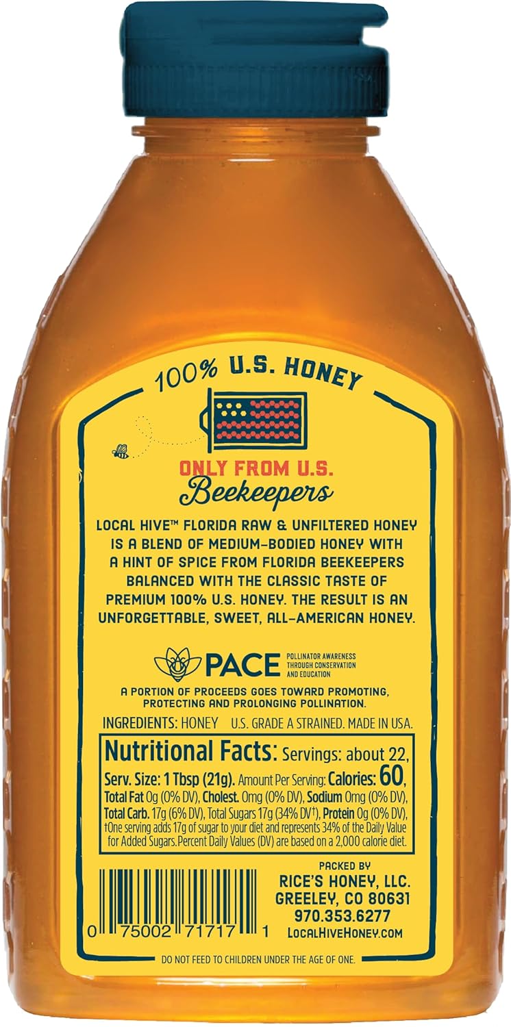Local Hive Florida Raw & Unfiltered – 16 oz | 100% Pure U.S. Honey | Natural Sweetener Sourced from American Bees & Beekeepers | Medium-Bodied with a Hint of Spice | Ideal for Tea, Baking & Cooking