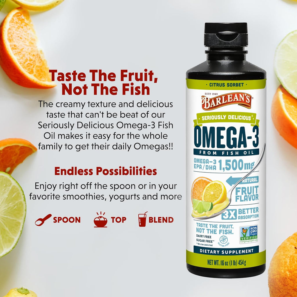 Barlean's Citrus Sorbet High Potency Omega 3 Fish Oil Liquid Supplement, 1500mg of EPA & DHA Fatty Acid, Smoothie Flavored & Burpless for Brain, Joint, & Heart Health, 16 oz