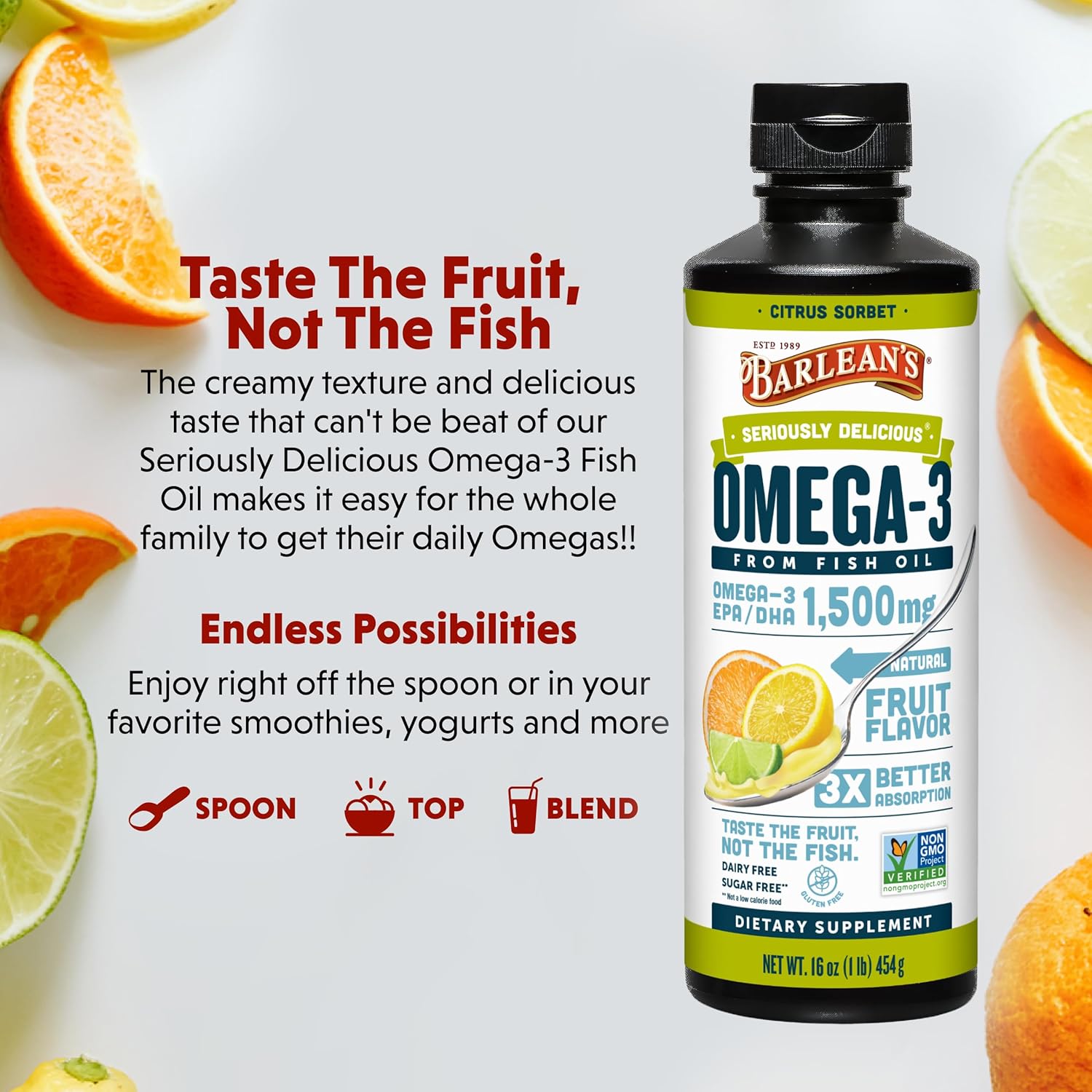 Barlean's Citrus Sorbet High Potency Omega 3 Fish Oil Liquid Supplement, 1500mg of EPA & DHA Fatty Acid, Smoothie Flavored & Burpless for Brain, Joint, & Heart Health, 16 oz