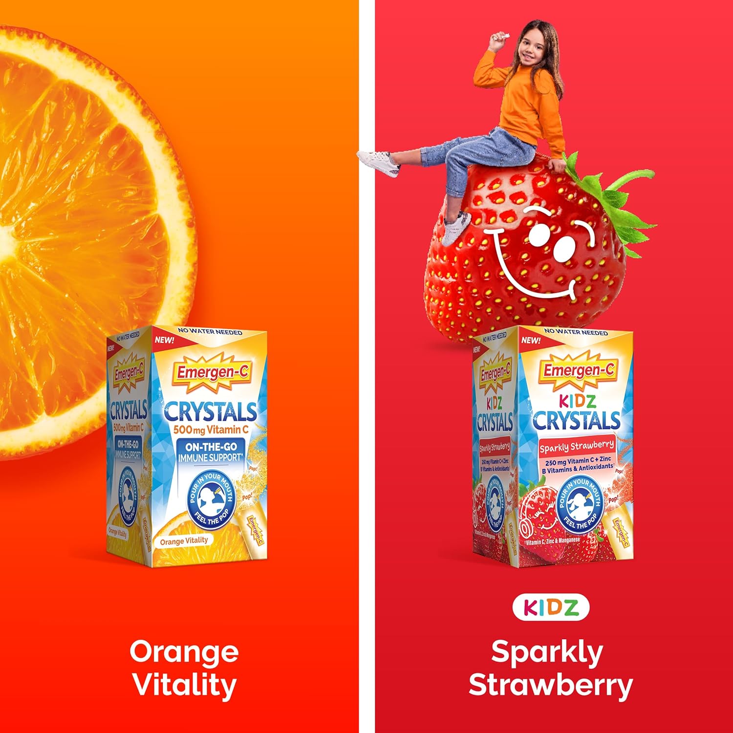 Emergen-C Kidz Crystals, On-the-Go Emergen-C Immune Support Supplement with Vitamin C, B Vitamins, Zinc and Manganese, Sparkly Strawberry, Stocking Stuffer - 56 Stick Packs