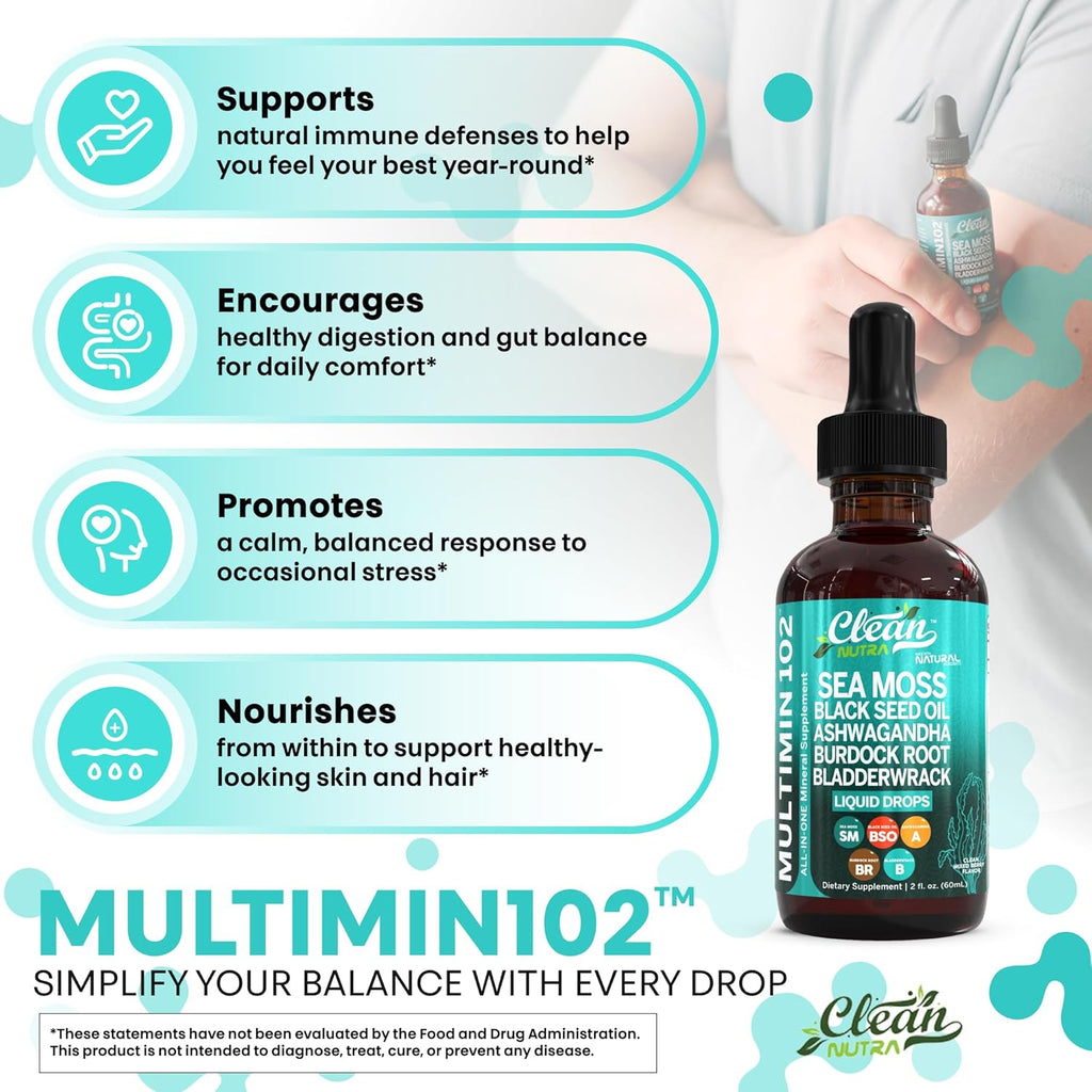 Clean Nutraceuticals Sea Moss Drops Supplement Liquid with Black Seed Oil Ashwagandha Burdock Root & Bladderwrack - Multimineral Organic Non-GMO Vegan for Gut Heath Skin Immune Support Hair (2)