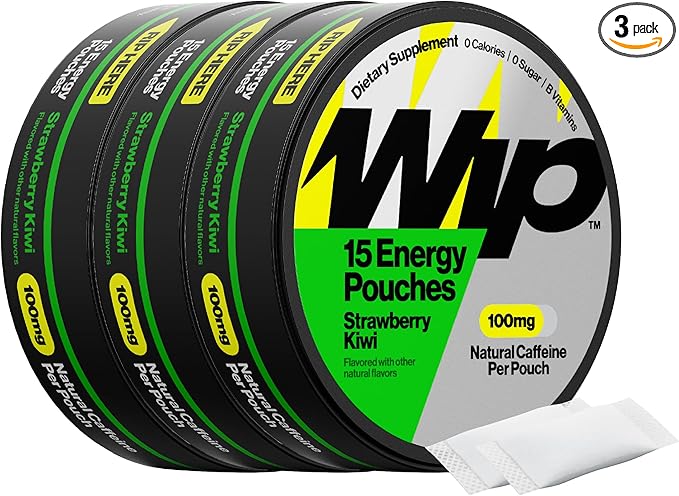 Wip Energy Pouches | 100mg Natural Caffeine | Vitamins and Minerals | Strawberry Kiwi | 15 Pouches Per Can | 3 Cans