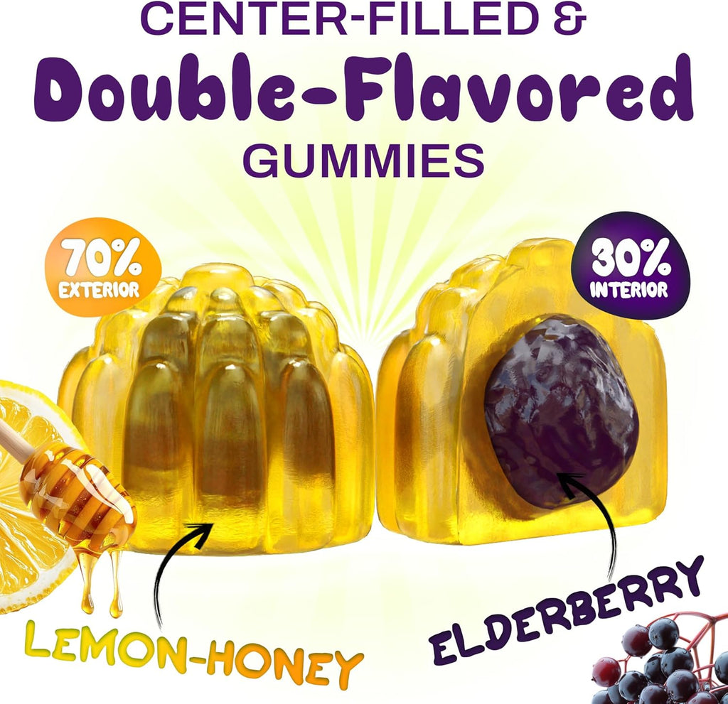 Elderberry Gummies Immunity Support - Real Honey and Lemon Immune Supplement for Kids & Teens with Vitamin C, Echinacea, and Zinc - 60 CT