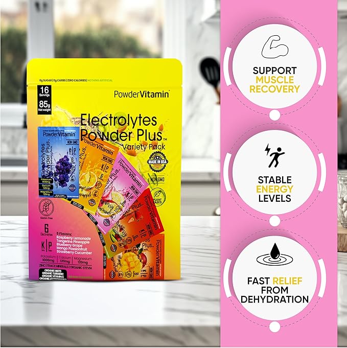 PowderVitamin Electrolytes Powder Plus, Keto, Variety Pack B, Sugar Free, Pink Himalayan Salt, 1000mg Potassium, 120mg Calcium, 120mg Magnesium, Non-GMO, Zero Calories, (16 Hydration Packets)