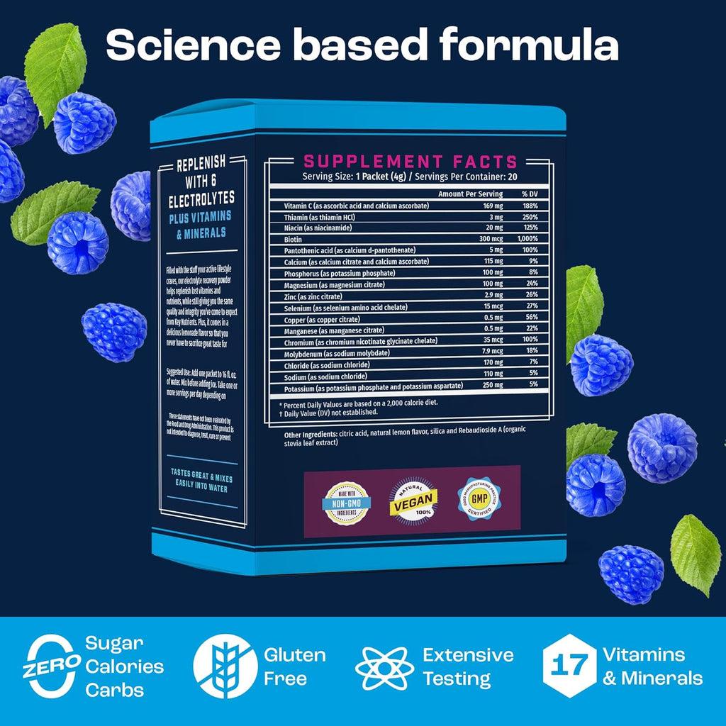 KEY NUTRIENTS Electrolytes Powder Packets 20 Pack - No Sugar, Delicious Blue Raspberry, Hydration Packets with Electrolyte Powder for Refreshing Electrolyte Drink Mix Packets - Zero Calories