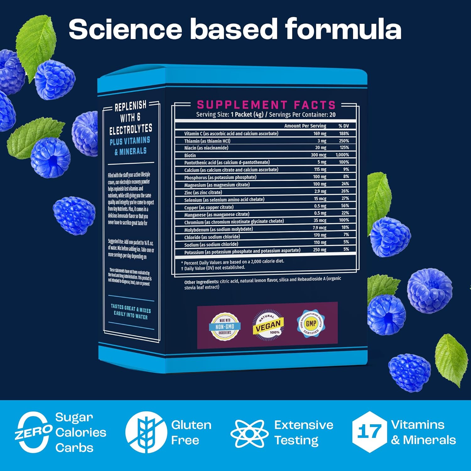KEY NUTRIENTS Electrolytes Powder Packets 20 Pack - No Sugar, Delicious Blue Raspberry, Hydration Packets with Electrolyte Powder for Refreshing Electrolyte Drink Mix Packets - Zero Calories
