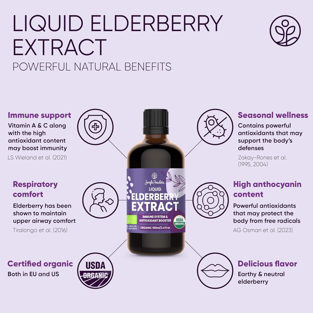 Organic Elderberry Syrup USDA Certified 3.4 fl oz Bottle Liquid Sambucus Elderberry Immune Support Supplement for Kids and Adults Alcohol-Free European Origin Elderberries Extract High Bioavailability