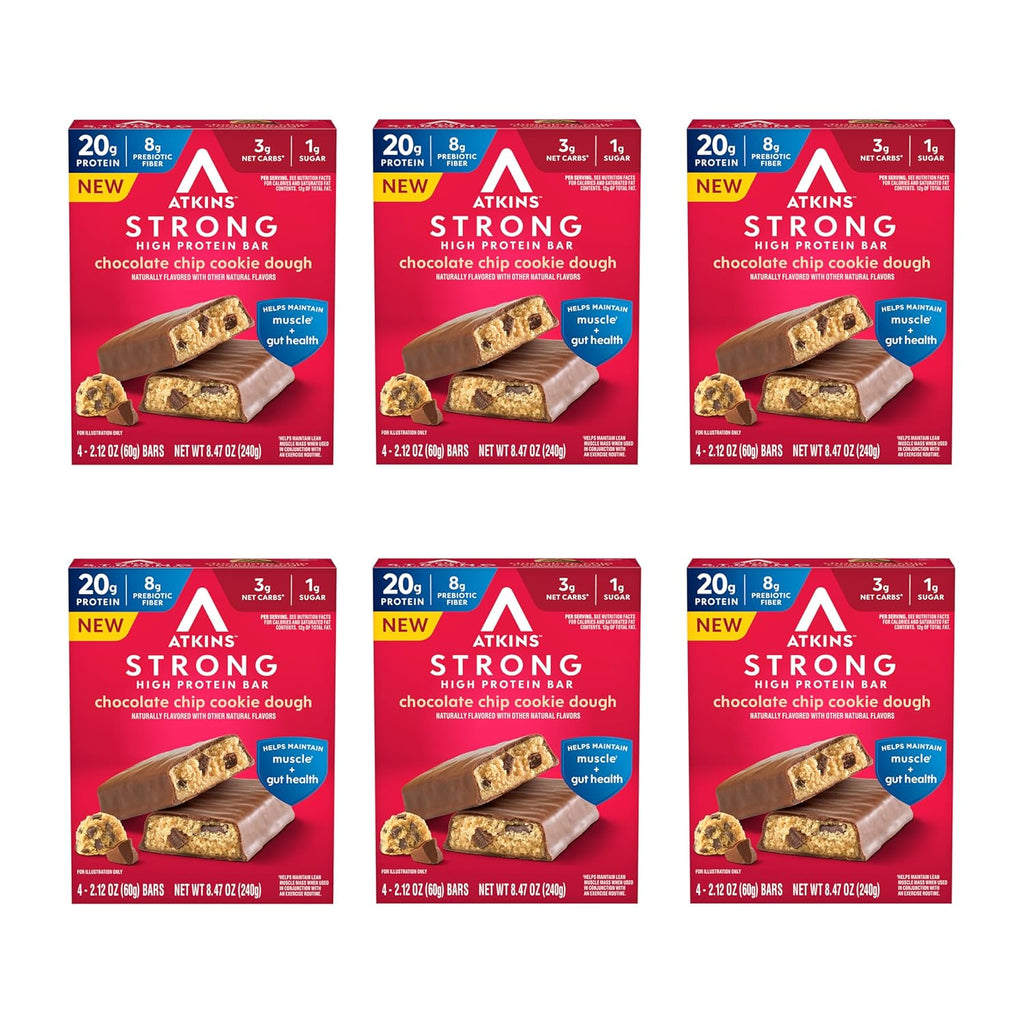 Atkins Strong Chocolate Chip Cookie Dough High Protein Bars, 20g Protein, 2g Sugar, 4 Count (Pack of 6)
