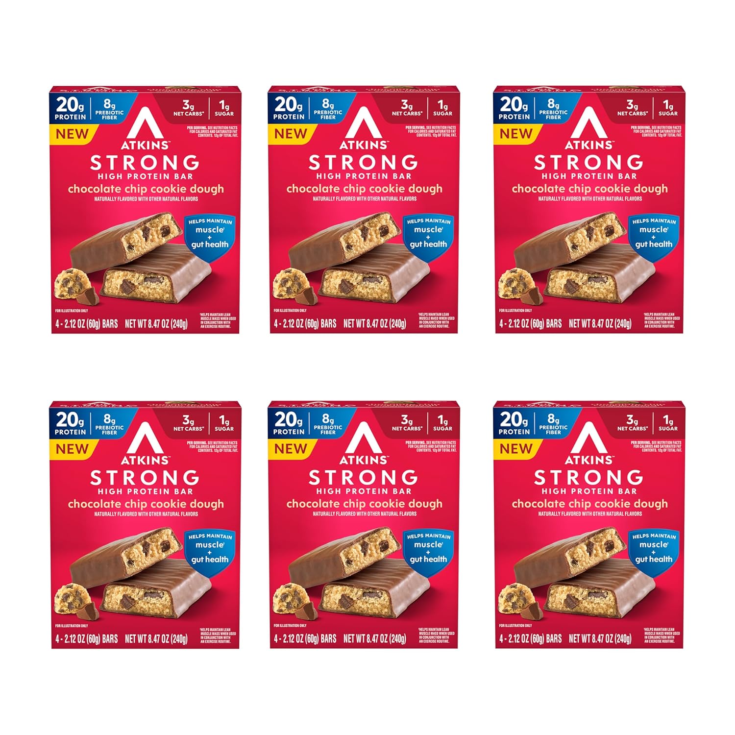 Atkins Strong Chocolate Chip Cookie Dough High Protein Bars, 20g Protein, 2g Sugar, 4 Count (Pack of 6)