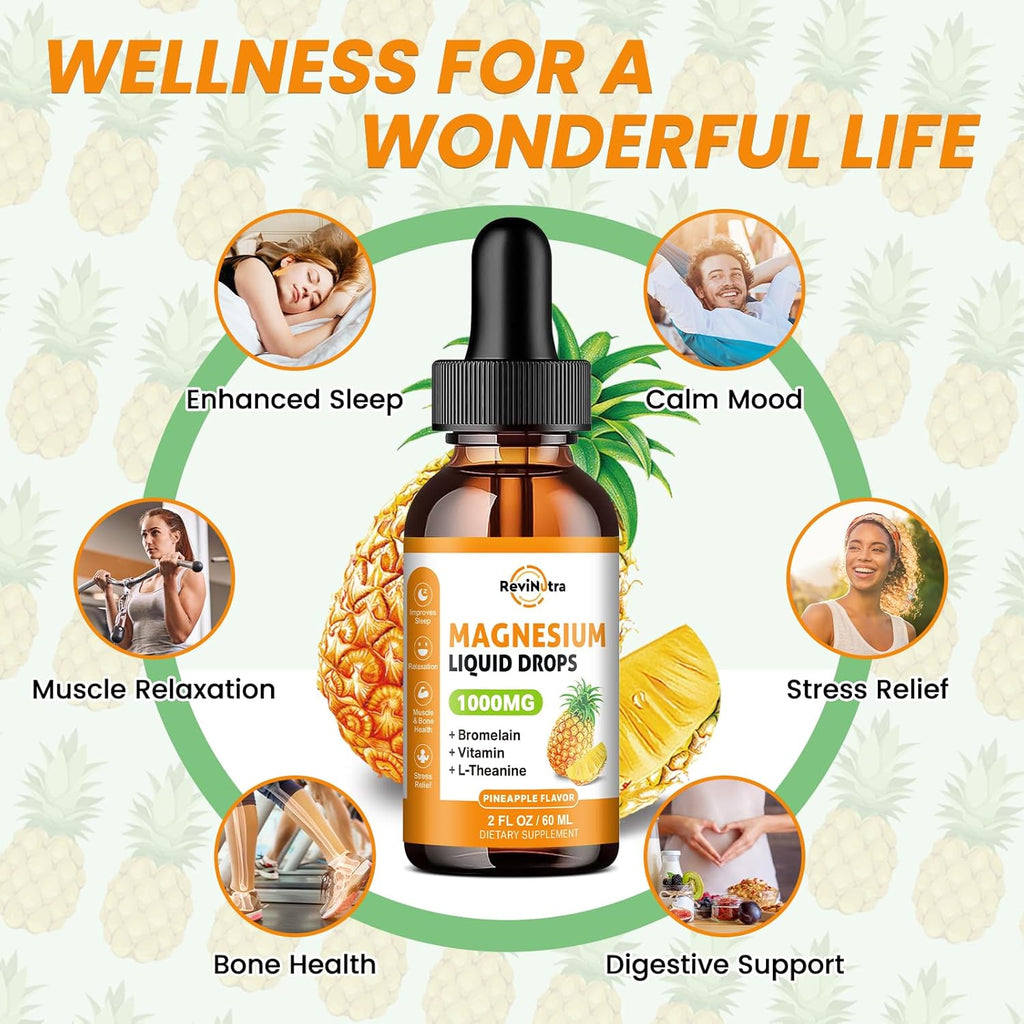 2 Pack Magnesium Glycinate Liquid Drops, 1000mg of Liquid Magnesium Complex Drops for Sleep, Nerve, Energy, Muscle, Bone, Calm & Digestion, High Absorption, 2 Fl Oz, Pineapple Flavor