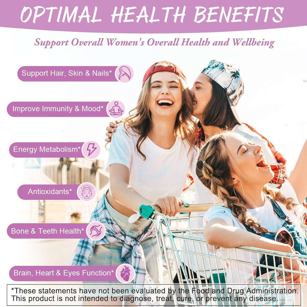 Sugar Free Multivitamin Gummies for Women 14+ w/Inositol, Iron, Folate, Biotin, Womens Daily Multivitamin Gummy w/Vitamin A, D, C, B, Support Hair, Skin, Energy, Immune, Strawberry Flavor