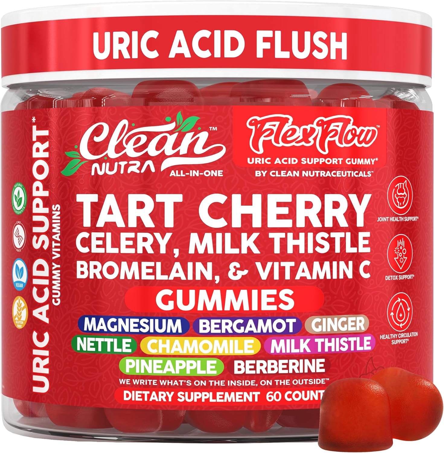 Clean Nutra Tart Cherry Gummies Uric Acid Flush Celery Milk Thistle Bromelain Vitamin C Magnesium Citrus Bergamot Ginger Stinging Nettle Leaf Chamomile Berberine Quercetin Support 60 Gummy Vitamins
