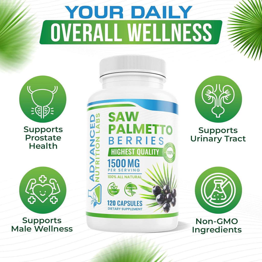 Saw Palmetto Berries & Extract - 1500 mg Saw Palmetto Supplement for Men & Women - DHT Blocker for Hair Growth, Prostate Support & Urinary Health - 120 Vegan Capsules