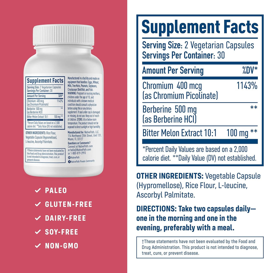 NativePath Native Berberine HCl 3-in-1 Complex with Chromium & Bitter Melon Extract - 500mg Premium Metabolic Support - 60 Capsules