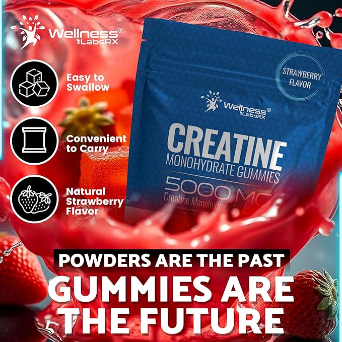 Creatine Gummies 5000mg, 30 Servings Creatine Monohydrate Gummies - Third-Party Tested Creatine for Women, Strawberry Flavor Creatine for Men, Muscle Growth, Strength, and Recovery - Pack of 1