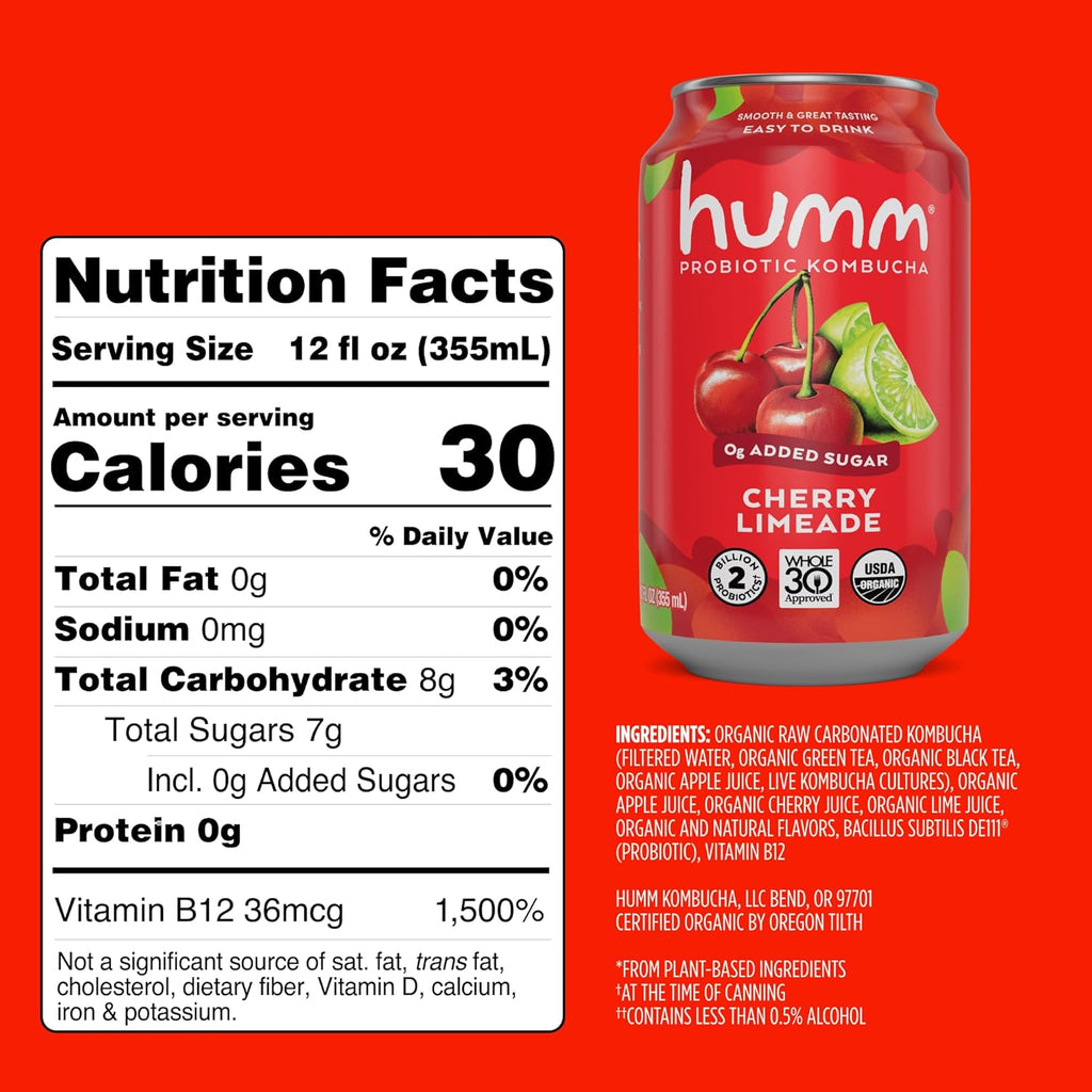 Humm Whole30 Approved Kombucha, Cherry Limeade, Organic, Vegan & GMO Free (24 Pack)