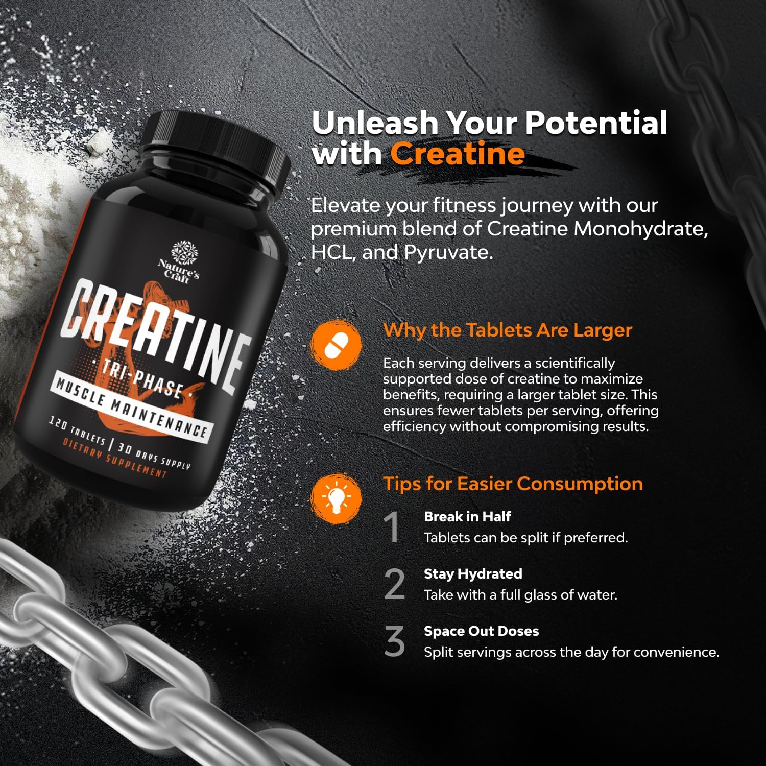 Natures Craft High Strength Tri Phase Creatine Tablets for Women & Men - Formula Blend of Creatine Monohydrate, 300mg HCL & Pyruvate Supplement - Muscle Mass Gain & Recovery Supplement - 120 Tablets