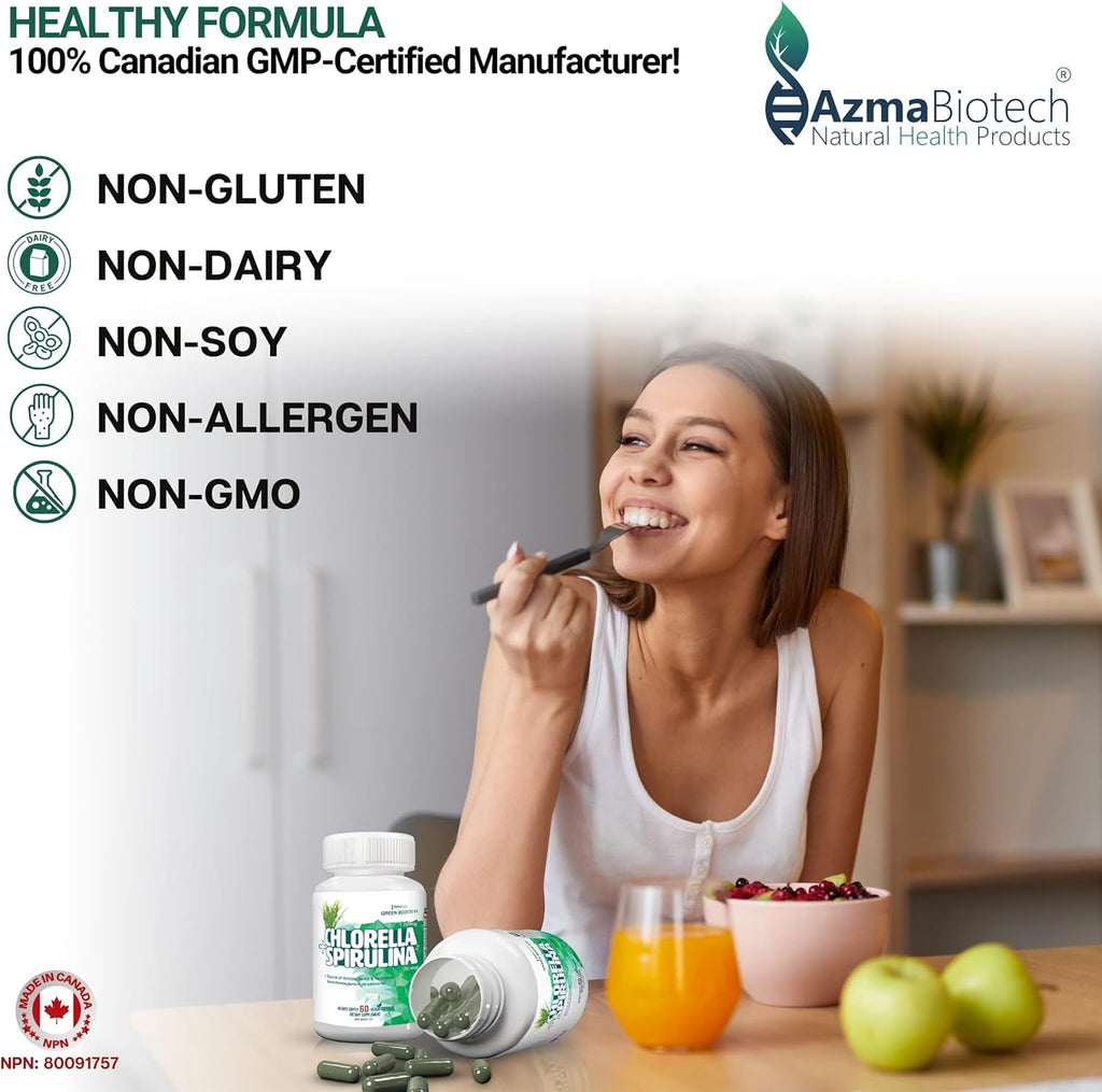 Organic Spirulina and Chlorella Capsules 500mg, 60 Count, 50/50 Blend, Vegan and Gluten-Free, High in Protein and Nutrients, Supports Energy and Immune Function, Made in Canada