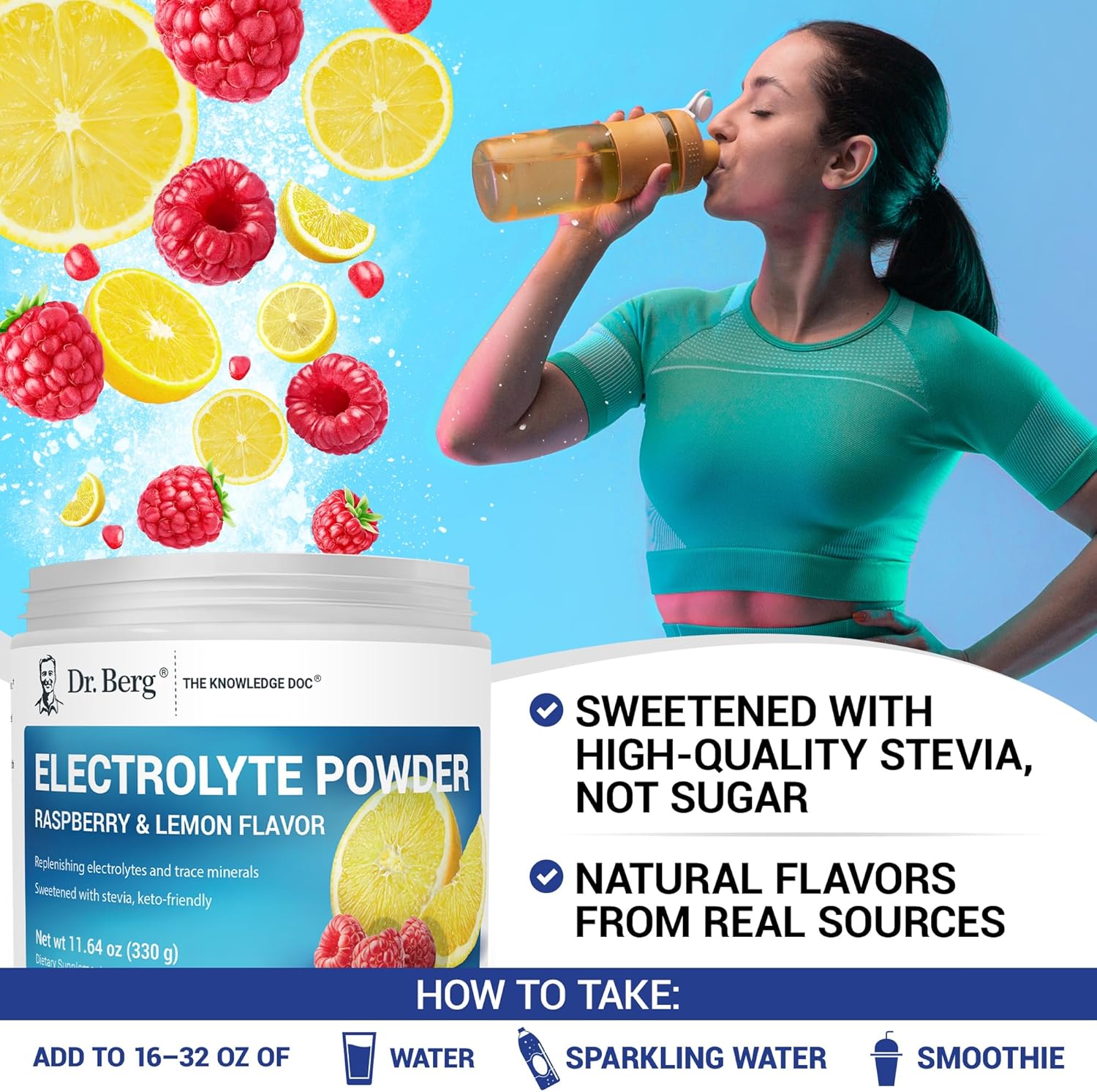 Dr. Berg Zero Sugar Hydration Keto Electrolyte Powder - Enhanced w/ 1000 mg of Potassium & Real Pink Himalayan Salt (NOT Table Salt) - Raspberry & Lemon Flavor Hydration Drink Supplement - 50 Servings