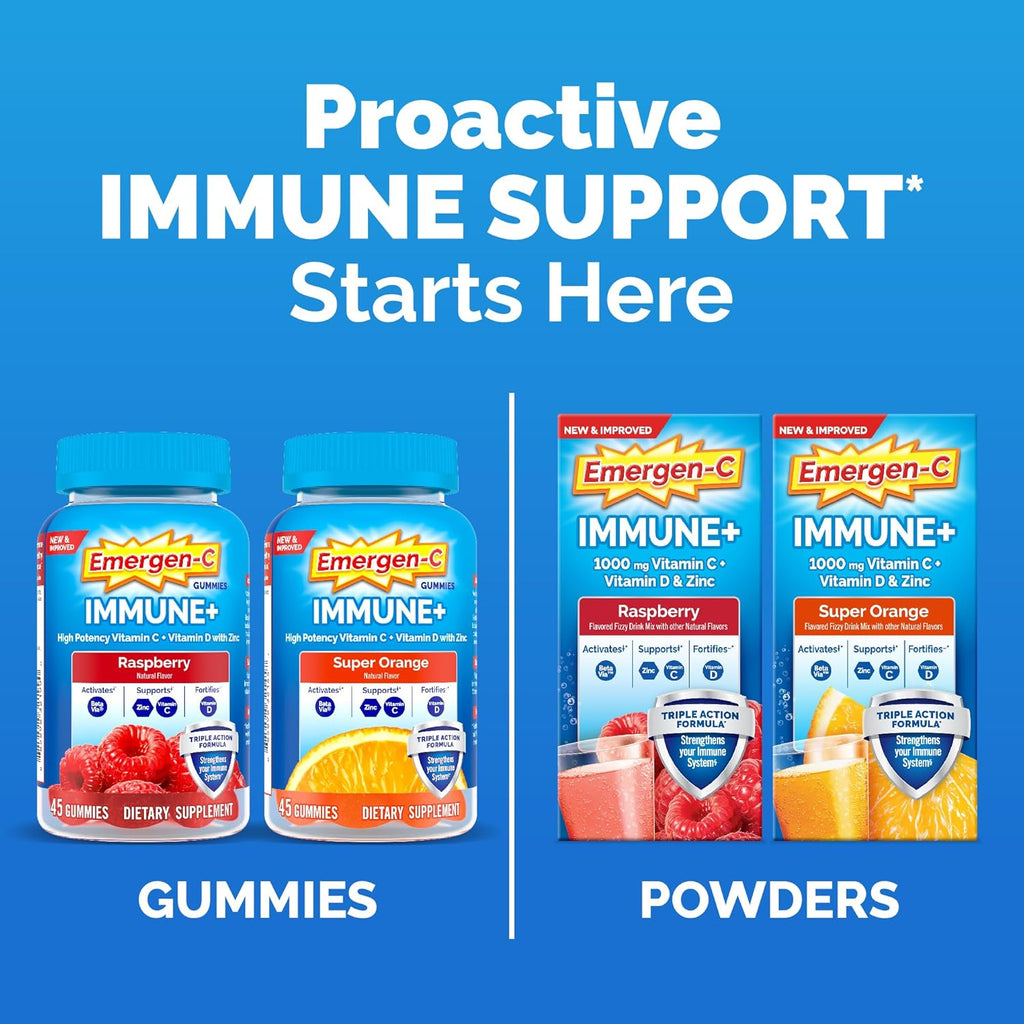 Emergen-C Immune+ Triple Action Immune Support Powder, BetaVia (R), 1000mg Vitamin C, B Vitamins, Vitamin D and Antioxidants, Super Orange – 50 Count