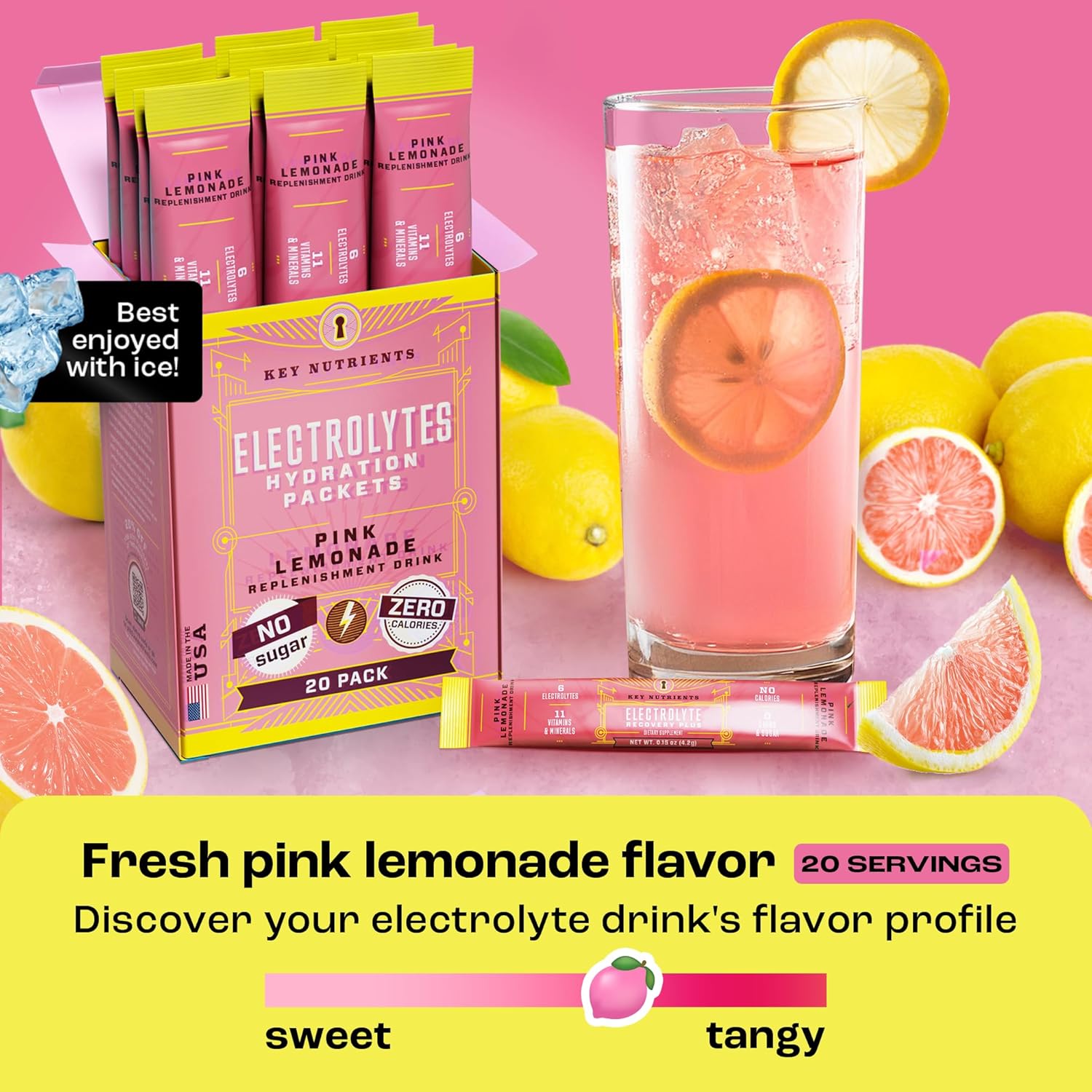 KEY NUTRIENTS Electrolytes Powder Packets - Fresh Pink Lemonade 20 Pack Hydration Packets - Travel Hydration Powder - Made in USA - No Sugar, No Calories, Gluten Free