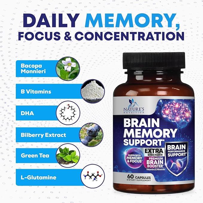 Brain Memory Supplement Pills - 3X Strength Nootropics for Concentration, Clarity & Focus Support - Brain Health Cognitive Vitamins with Bacopa, Phosphatidylserine & DMAE, Brain Booster - 60 Capsules