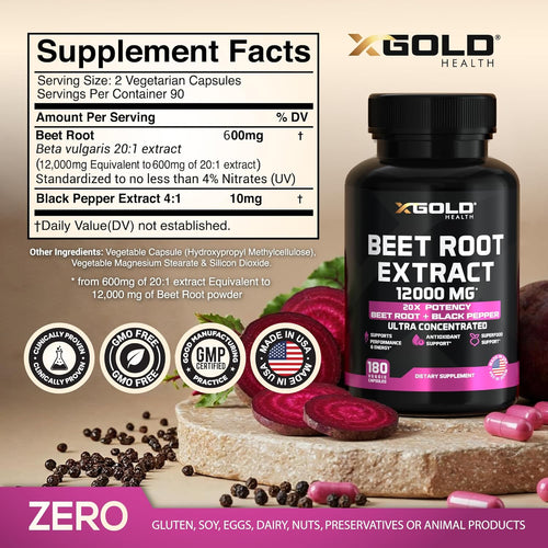 Beet Root Extract Capsules - 12000mg 20x Concentrated Beet Root Capsules Supplement w/Black Pepper - High Nitrates - Natural Nitric Oxide Booster - Highly Concentrated & Bioavailable -180 Veggie Caps