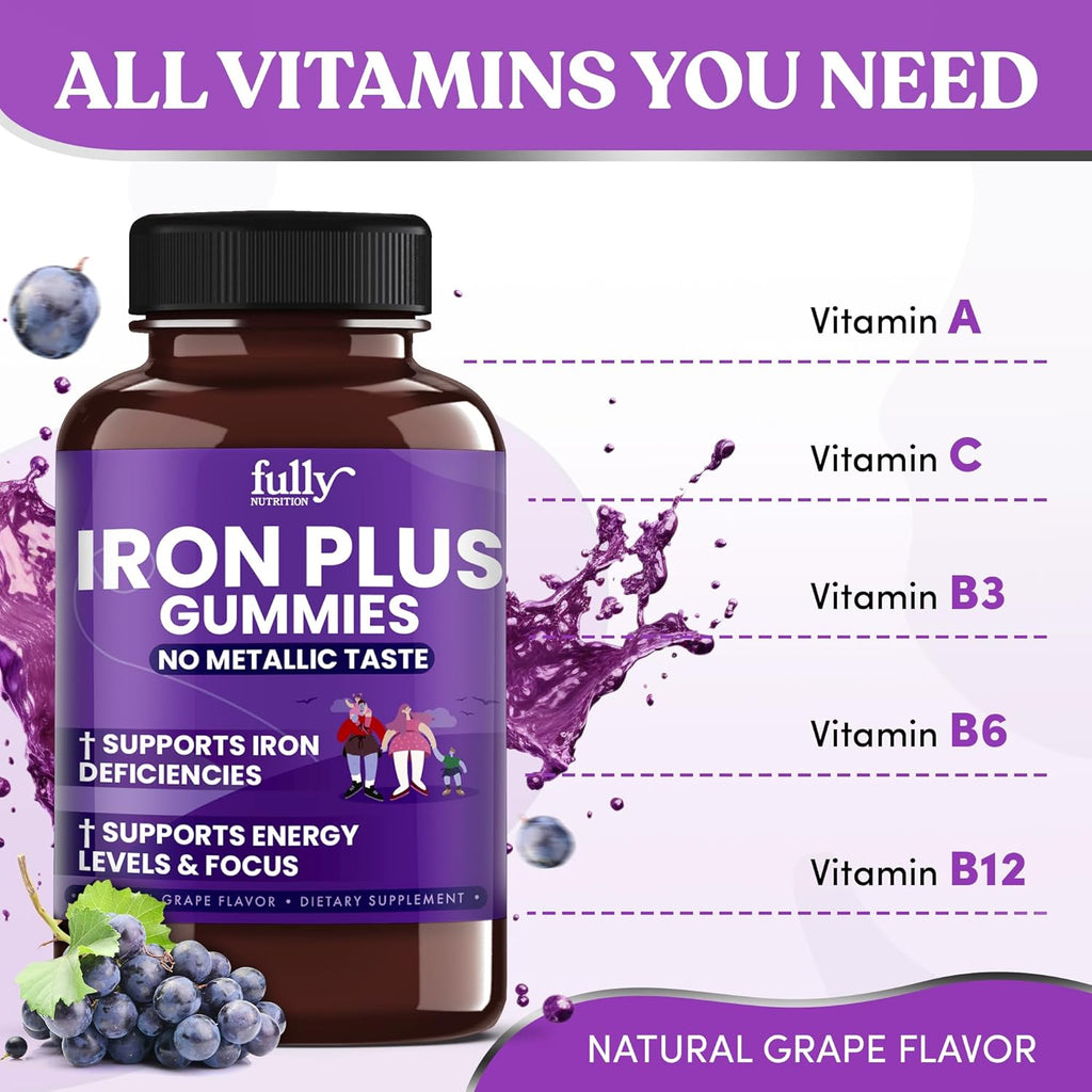 Iron Gummies Supplements for Women, Men and Kids – Health Blood & Energy Support for Iron Deficiency, Anemia, No After Taste- Fresh Grape Flavor- 100 Gummies (50 Days Supply)