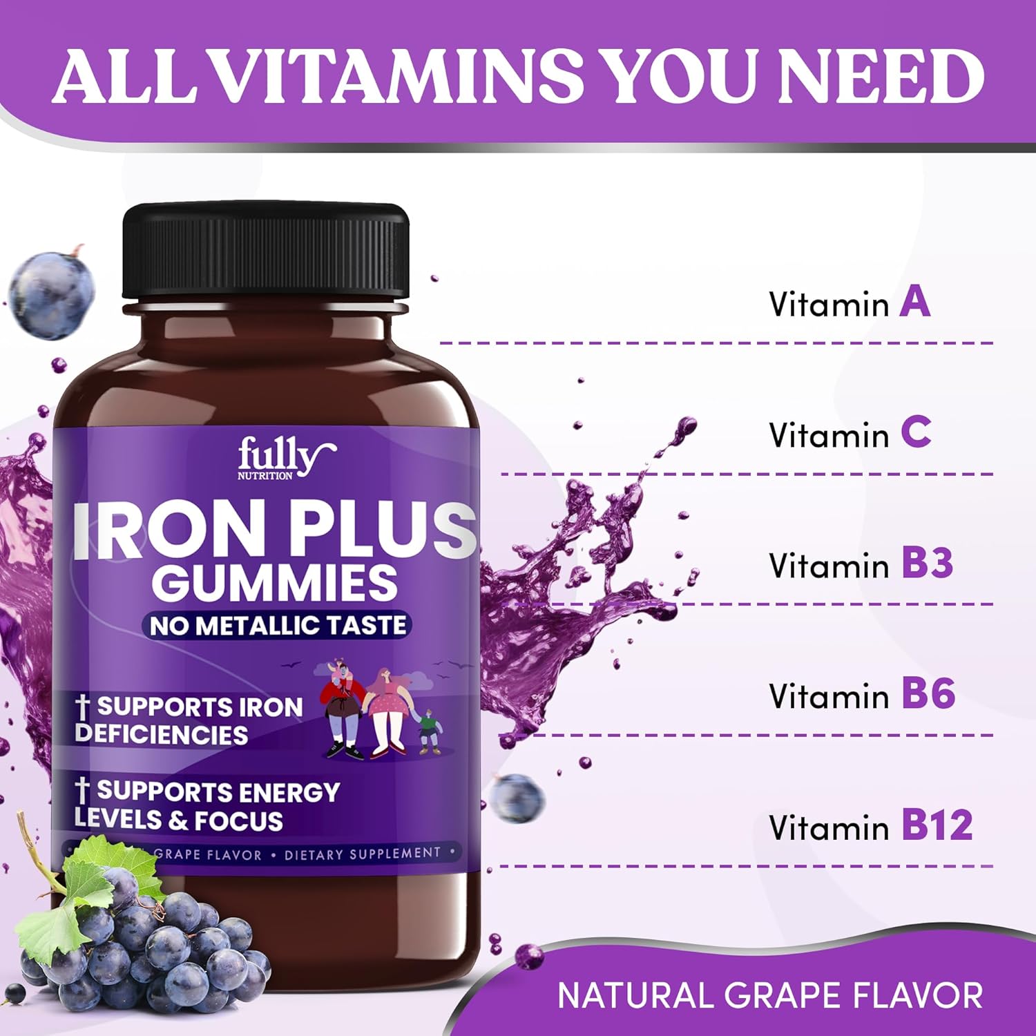 Iron Gummies Supplements for Women, Men and Kids – Health Blood & Energy Support for Iron Deficiency, Anemia, No After Taste- Fresh Grape Flavor- 100 Gummies (50 Days Supply)
