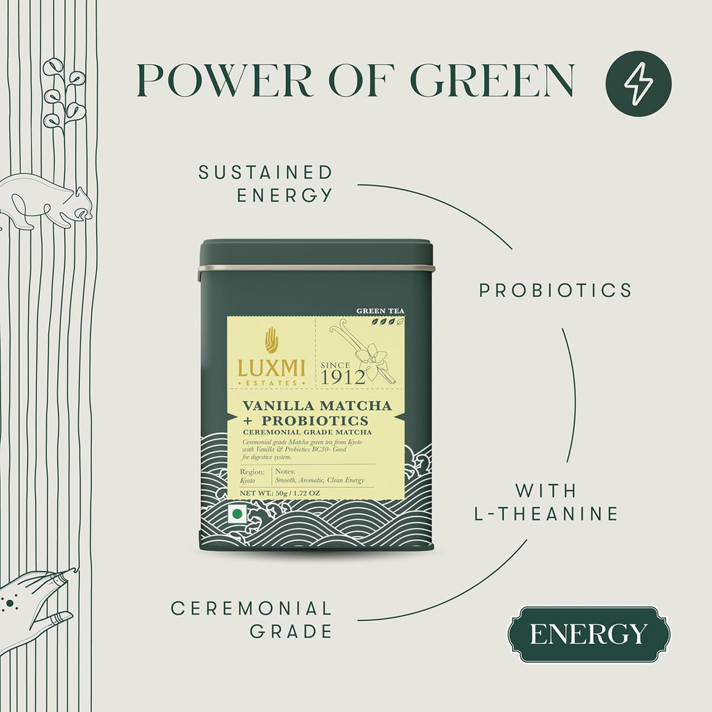 Luxmi Estates Vanilla Matcha with Priobiotics (50 g) Organic Matcha Tea, Rich in Antioxidants, Tea for Relaxing