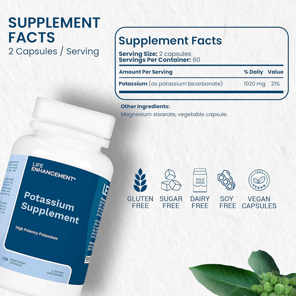 Life Enhancement High Absorption Potassium Supplement for Muscle, Brain & Bone Health - No Additives High Potency Elemental Potassium Supplement, Made in USA (120 Capsules – 60 Servings)