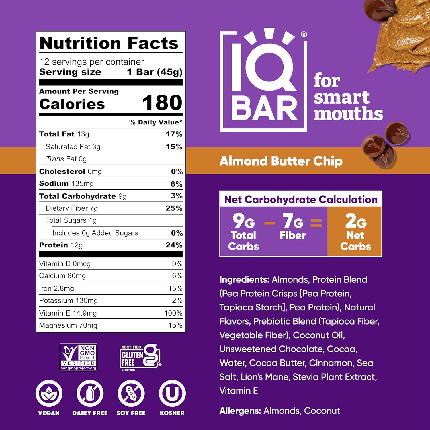 IQBAR Brain and Body Plant Protein Bars - Almond Butter Chip - 12-Count - Keto, Vegan, Low Carb, High Fiber, Gluten Free, Dairy Free, Low Sugar Snack with Nutrients for Focus, Energy, Meal Replacement