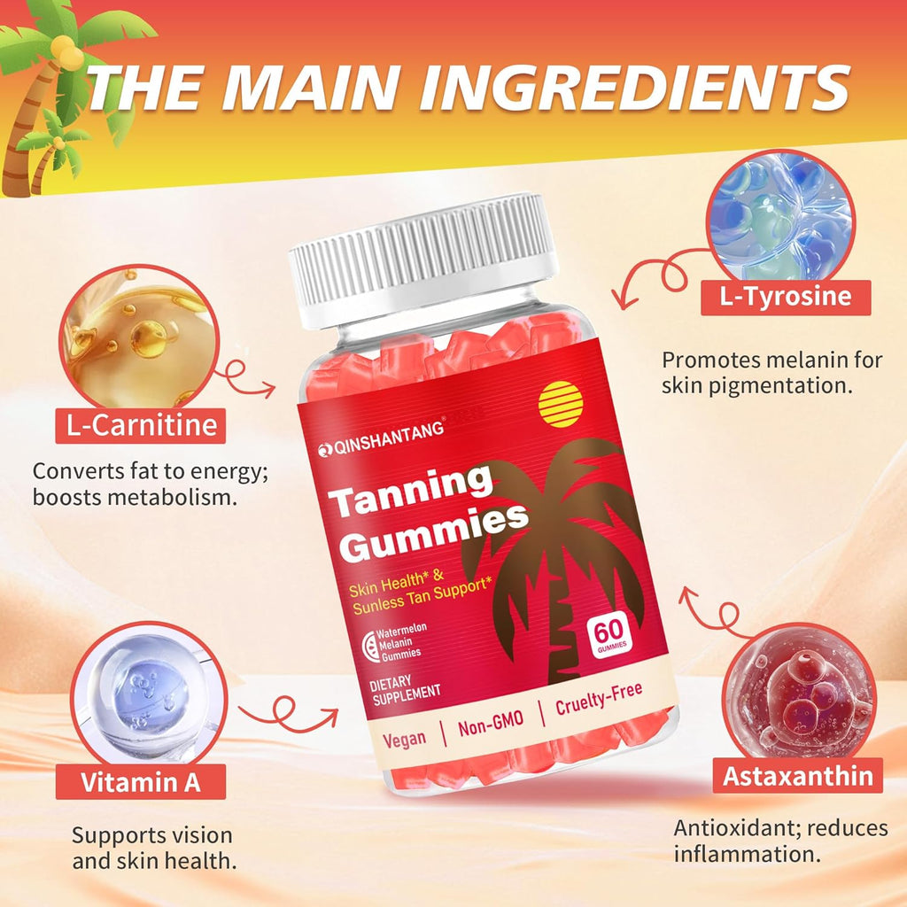 Tanning Gummies for WomenDaily Tanning Supplement, Sugar Free | Astaxanthin, L-tyrosine, Lycopene, Vitamin A | Radiant Skin & Immune Support, Antioxidant | Vegan, No GMO, 30 Servings