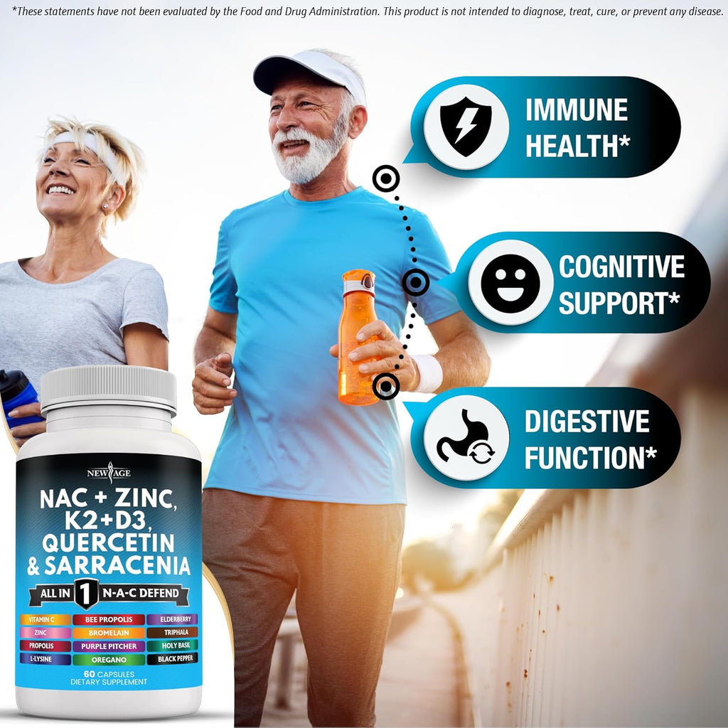 NEW AGE NAC Supplement N-Acetyl Cysteine- with Vitamin D3, K2, Zinc, Quercetin, Triphala, Sarracenia Purpurea, Elderberry, Holy Basil, Bee Propolis, Bromelain, L-Lysine - 60 Count