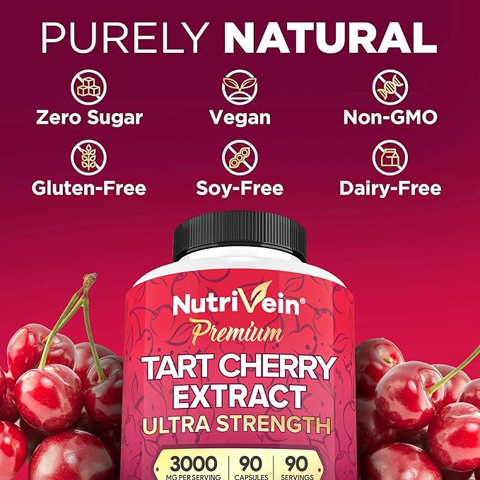 Nutrivein Premium Tart Cherry Capsules 3000mg: Ultra Strength Tart Cherry Extract Supplement for Post-Athletic Recovery, Detox, Rest, & Mobility