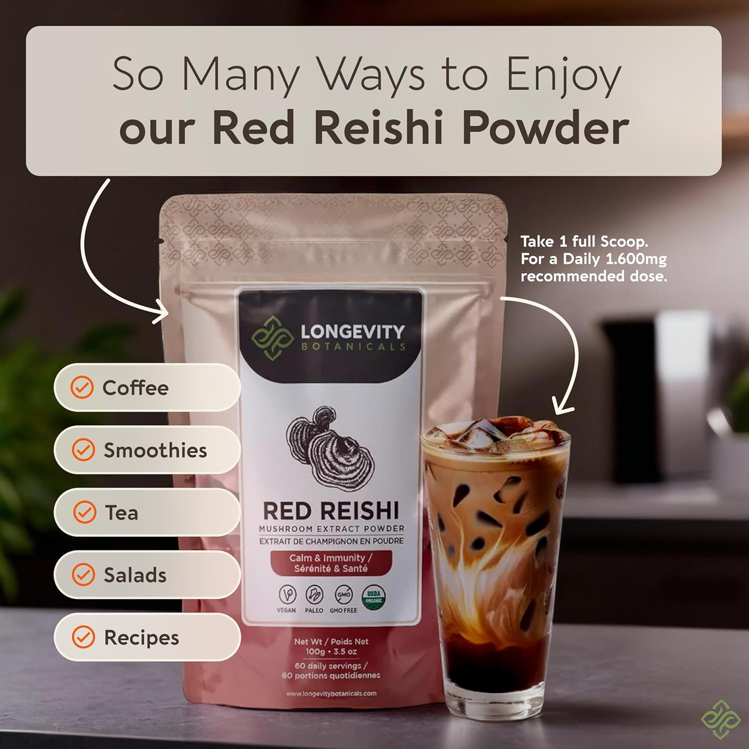 Longevity Botanicals Organic Reishi Mushroom Extract Powder 100g | Concentrated 10:1 Ratio | 100% Fruiting Bodies | Lingzhi (Ganoderma lucidum) Natural Supplement for Immune, Stress & Sleep Support