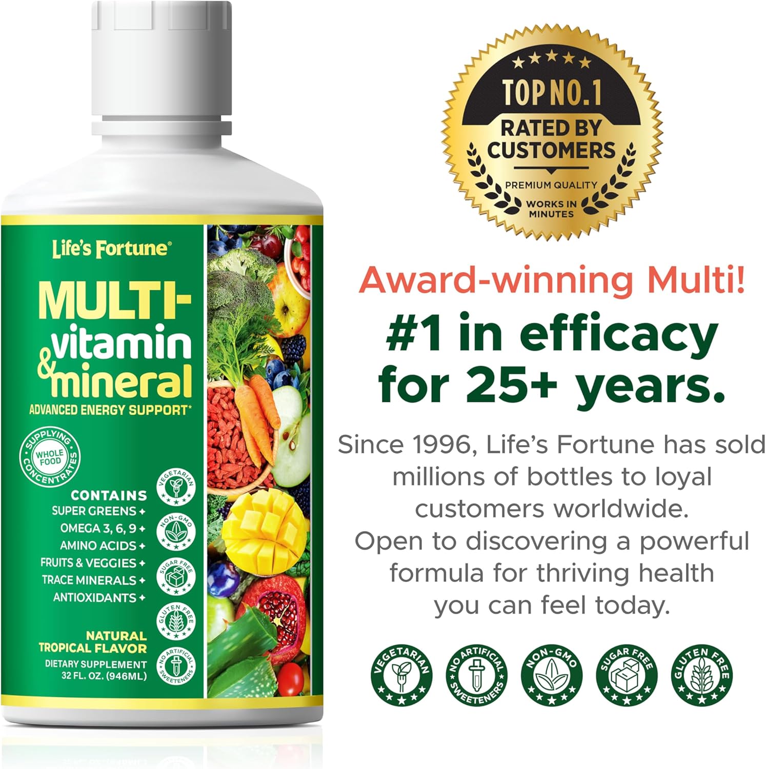 Life's Fortune Liquid Multivitamin for Adults Men & Women, Teens – High Absorption Daily Vitamins – Trace Minerals, Amino Acids with Biotin, L-Arginine, Potassium – Tropical Flavor, Sugar Free, 32 oz