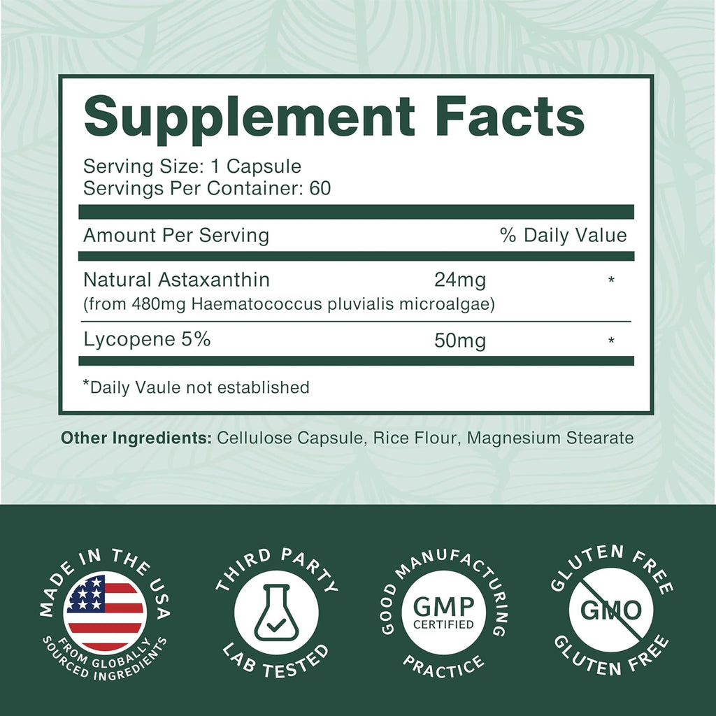 PurePremium Astaxanthin Supplements - Astaxanthin 24mg with Lycopene 50mg Antioxidants Supplement for Skin & Eye Health, Normal Joint Support & Immune System Support – Non-GMO - 60 Count